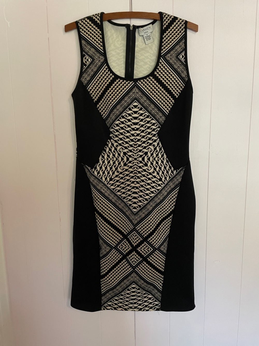 Carmen Marc Valvo Black and Cream Geometric Midi Dress
